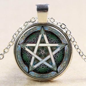 Ornate Pentagram Glass Dome  18" Necklace